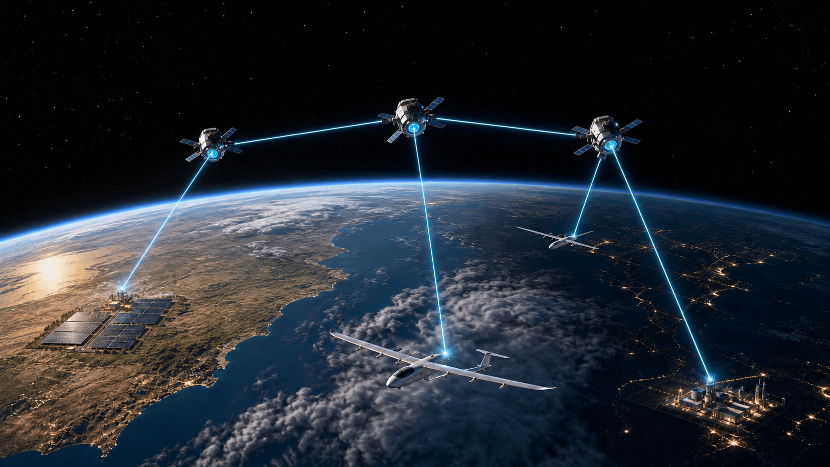 低軌道衛星から巡航中の電動航空機へレーザー給電する構想図